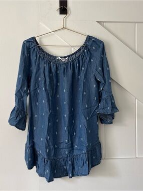 Given Kale Women’s Denim Shirt Off The Shoulder 3/4 Bell Sleeve Ruffle Hem